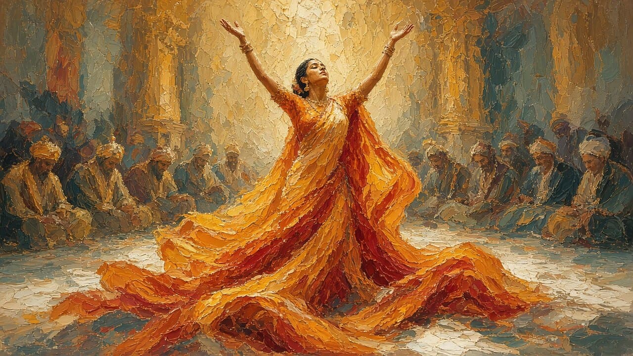 Draupadi in the Kaurava court, both hands raised, the endless sari pooling around her