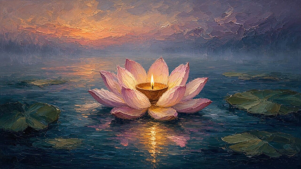 A small oil lamp burning inside an open lotus on still water at dusk