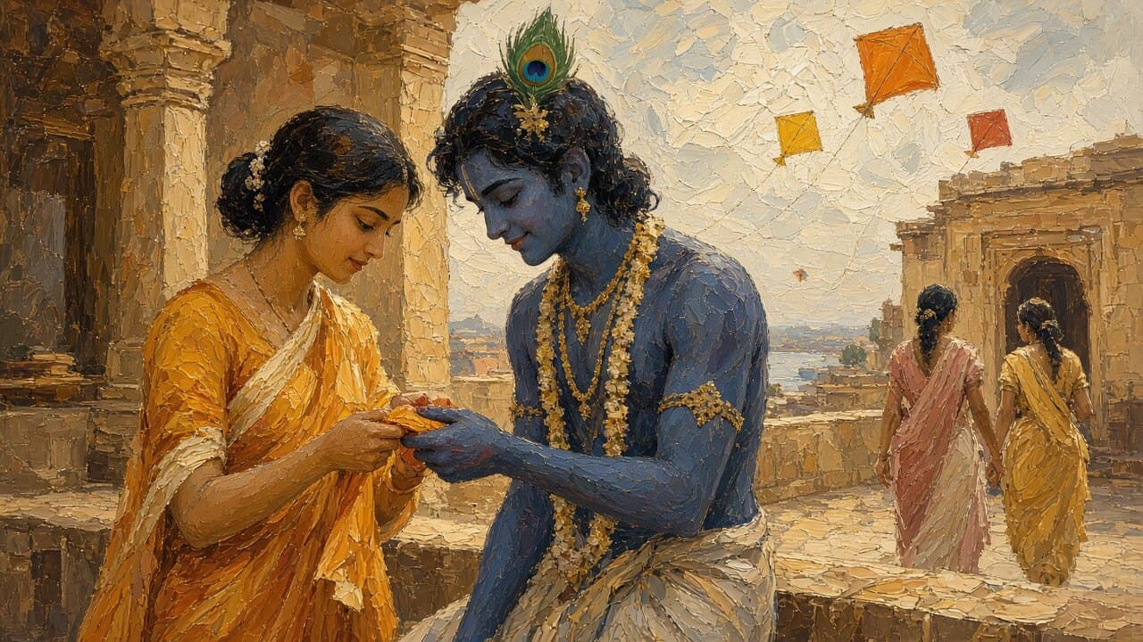 Draupadi tying a strip torn from her sari around Krishna's finger on a Sankranti afternoon, kites in the sky behind them