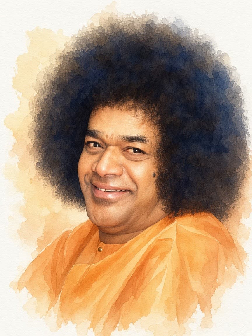 Watercolour portrait of Bhagavan Sri Sathya Sai Baba